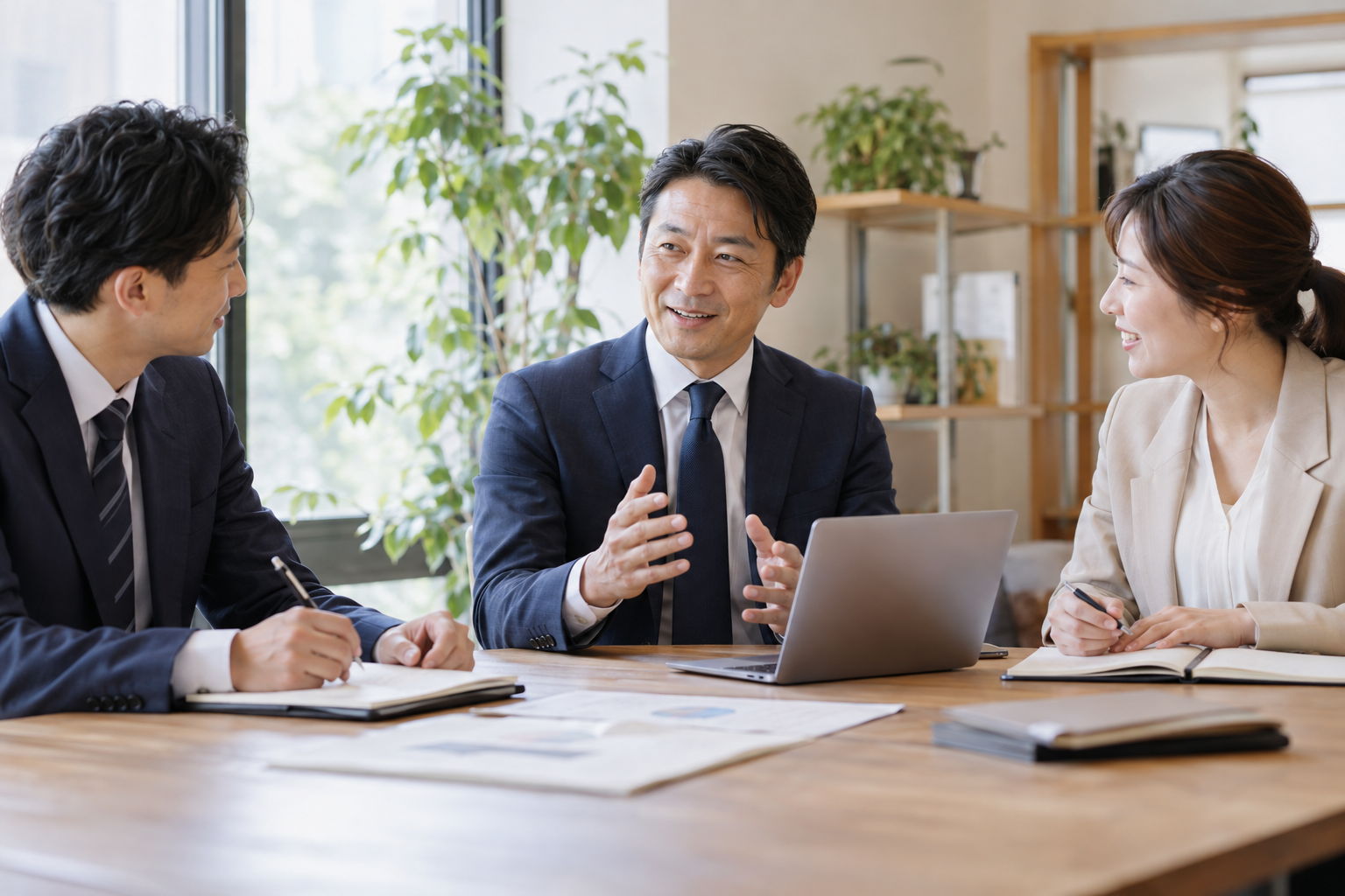 経営者と社員が未来に向けて話し合うイメージ