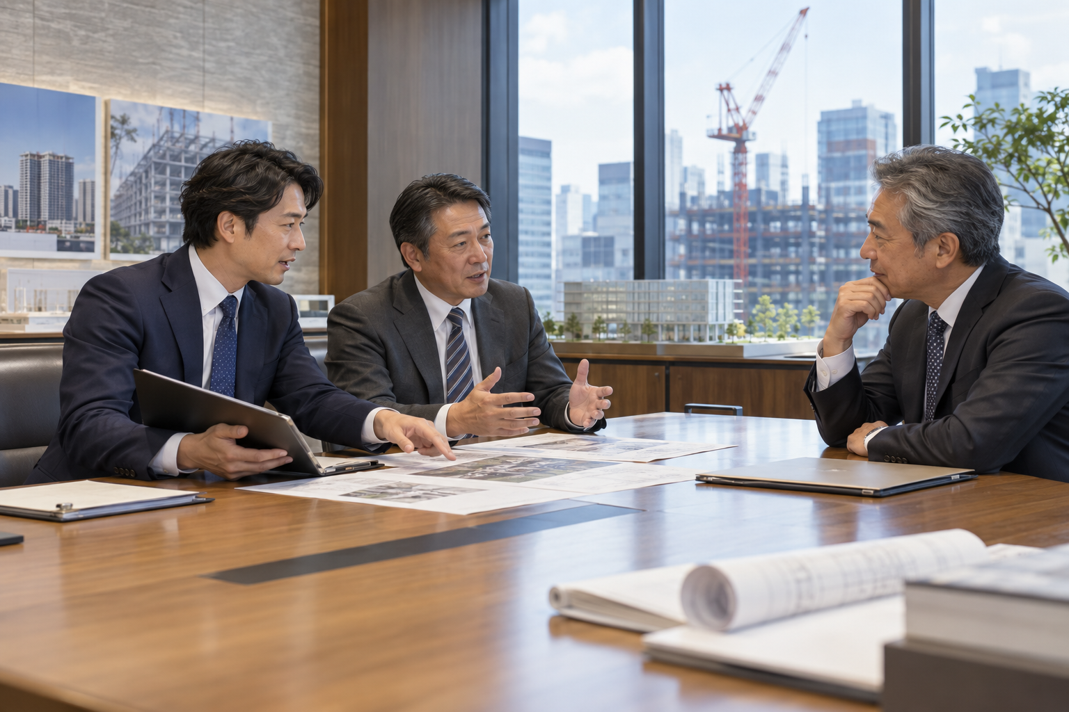 支援先の社長と顧問が建設会社の社長と商談するイメージ